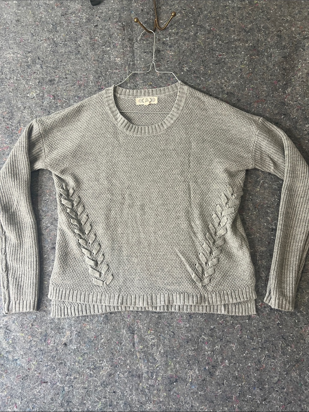 Pink Rose Light Gray Crewneck Sweater with Braided Side Detail